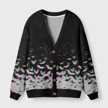Soulisfree Vaporwave Flying Bats  Fuzzy Cardigan Sweater 