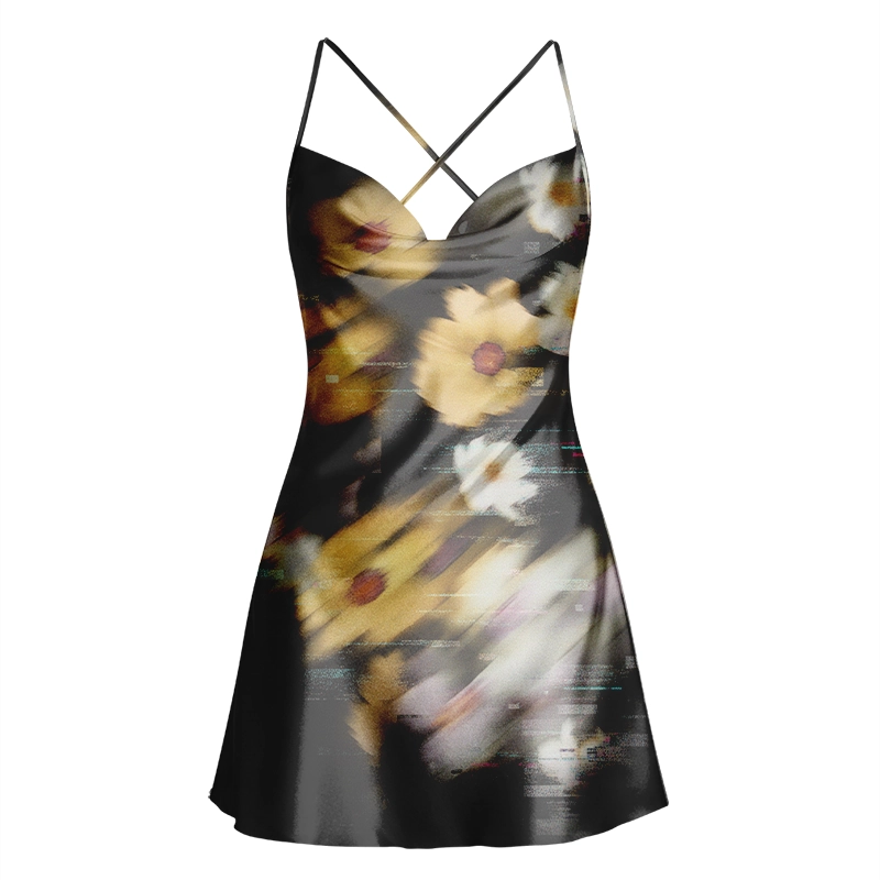 Soulisfree Glitch Bloom Cowl Neck Satin Mini Dress