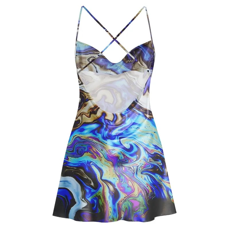 Soulisfree Colorful Swirl Pattern Cowl Neck Satin Mini Dress