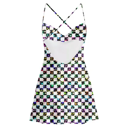 Soulisfree Cosmic Check Cowl Neck Satin Mini Dress