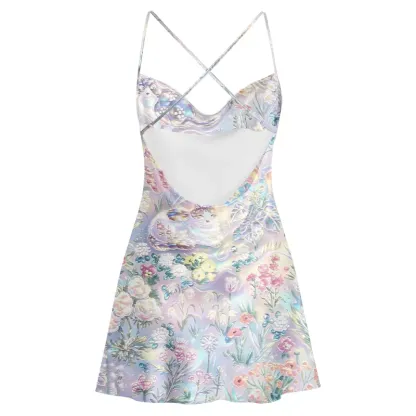 Soulisfree  Holographic Pastel Wildflowers Cowl Neck Satin Mini Dress