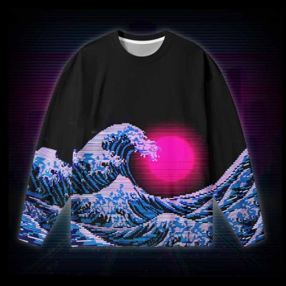 Soulisfree Vaporwave Aesthetic Great Wave Off Kanagawa Long Sleeve Cotton Tee