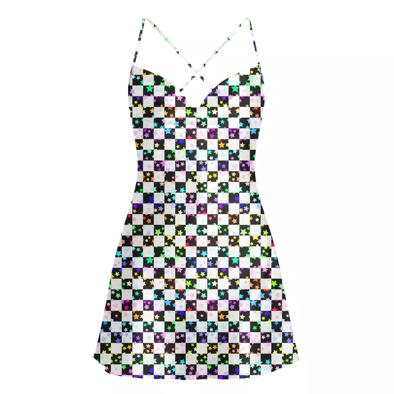 Soulisfree Cosmic Check Cowl Neck Satin Mini Dress