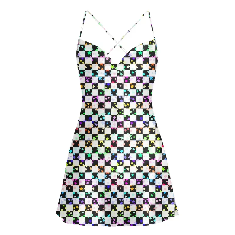 Soulisfree Cosmic Check Cowl Neck Satin Mini Dress