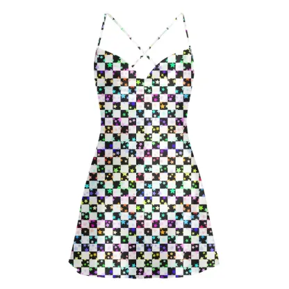 Soulisfree Cosmic Check Cowl Neck Satin Mini Dress