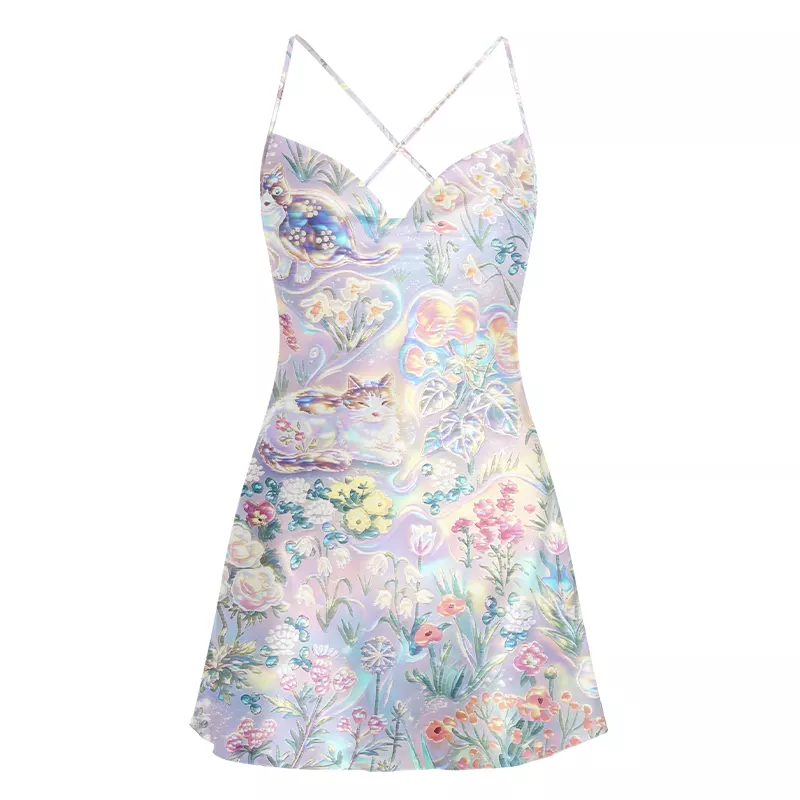 Soulisfree  Holographic Pastel Wildflowers Cowl Neck Satin Mini Dress