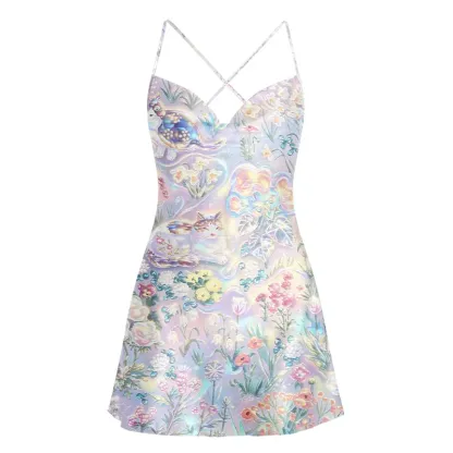 Soulisfree  Holographic Pastel Wildflowers Cowl Neck Satin Mini Dress