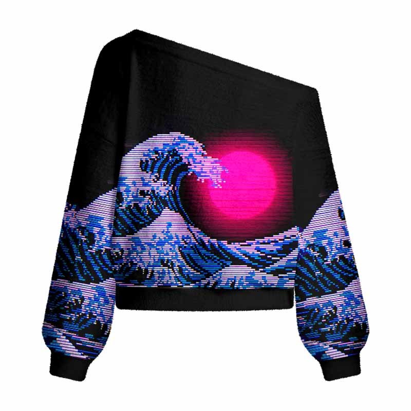Soulisfree Vaporwave Aesthetic Great Wave Off Kanagawa Women's Fuzzy Crewneck Sweater