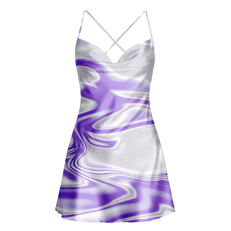 Soulisfree Lavender Liquid Swirl Cowl Neck Satin Mini Dress