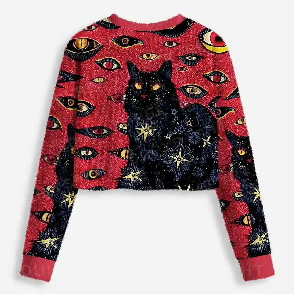 Cosmic Watcher Cat Cropped Ugly Christmas Sweater