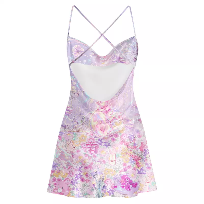 Soulisfree Iridescent Floral Fantasy Cowl Neck Satin Mini Dress
