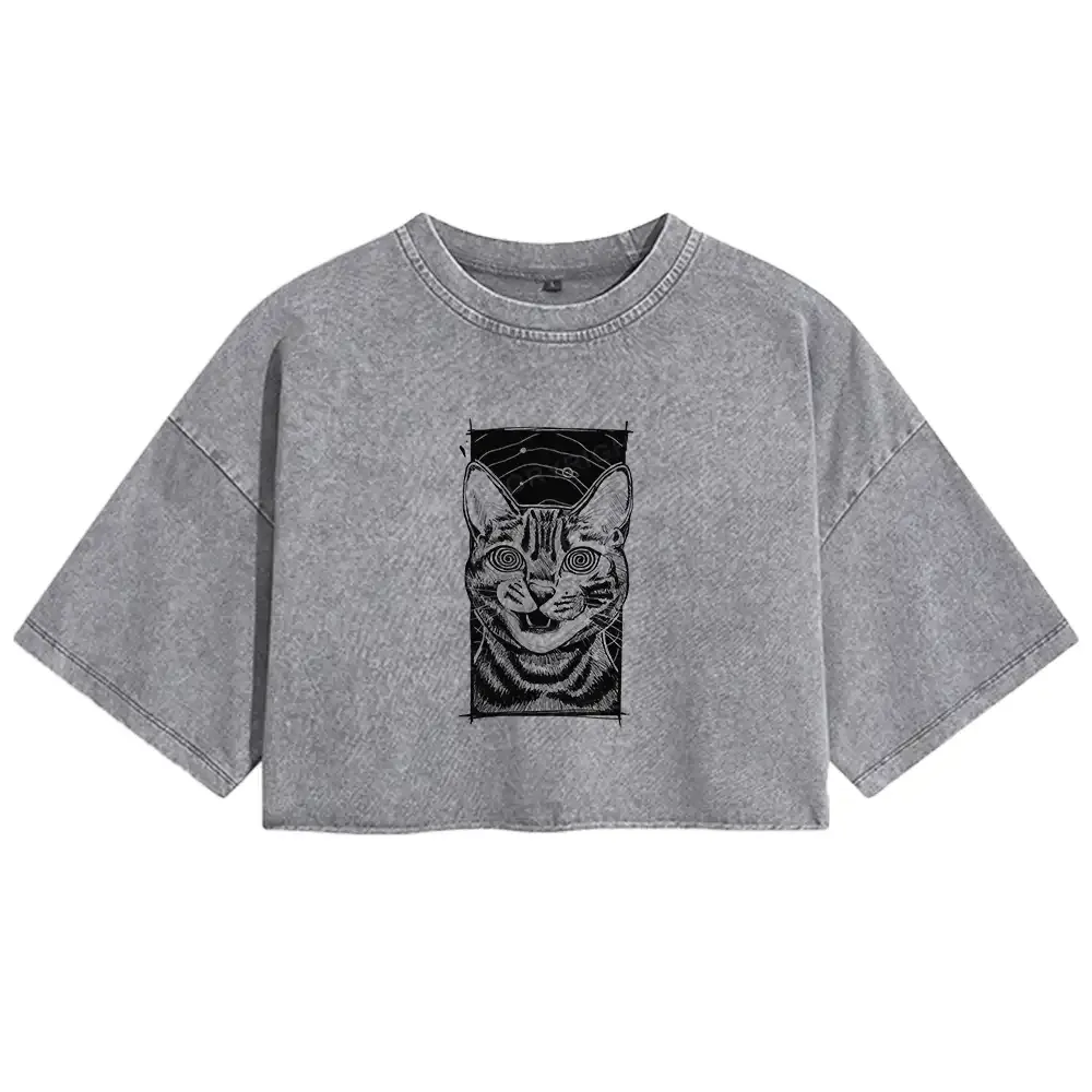 Designed Hypnotic Cat Washed Crop T-shirt