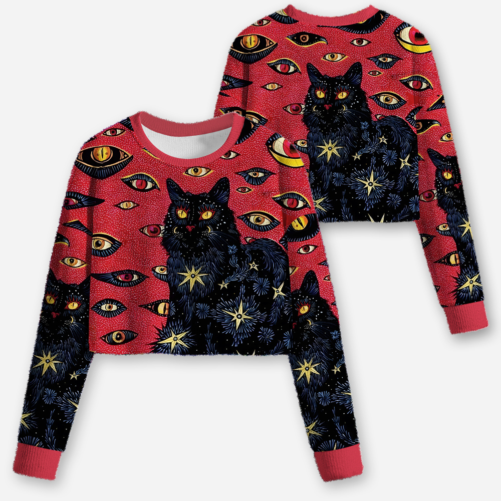Cosmic Watcher Cat Cropped Ugly Christmas Sweater