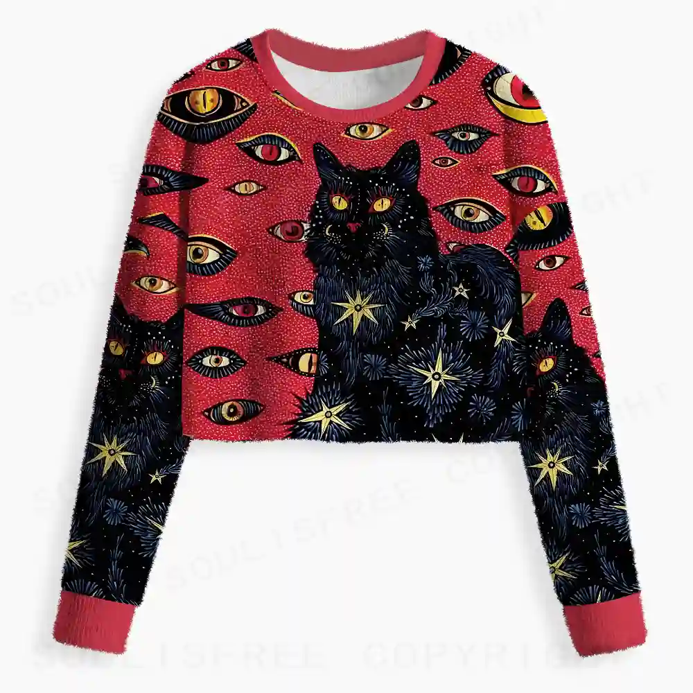Cosmic Watcher Cat Cropped Ugly Christmas Sweater