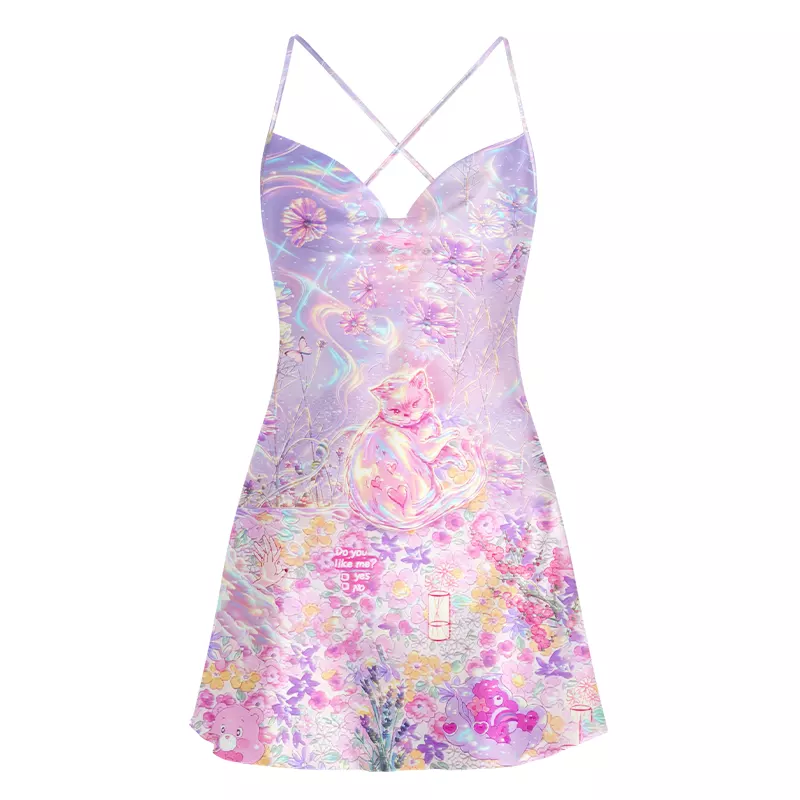 Soulisfree Iridescent Floral Fantasy Cowl Neck Satin Mini Dress