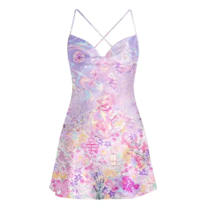Soulisfree Iridescent Floral Fantasy Cowl Neck Satin Mini Dress