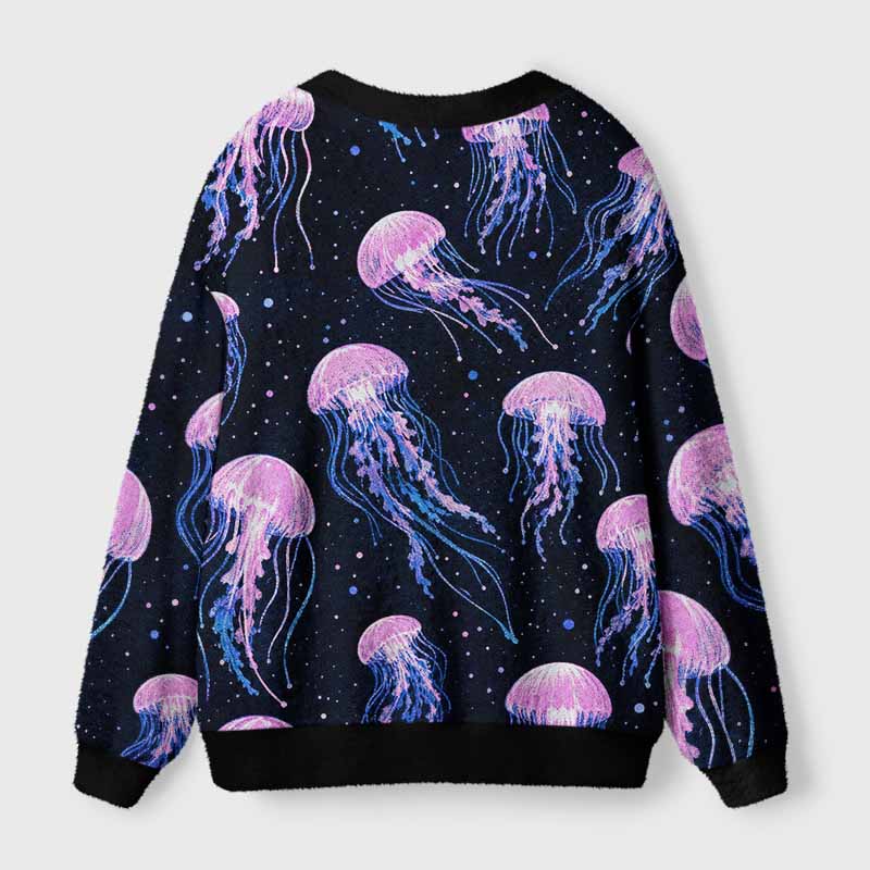 Soulisfree Cosmic Jellyfish Starry Night Fuzzy Cardigan Sweater 