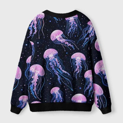 Soulisfree Cosmic Jellyfish Starry Night Fuzzy Cardigan Sweater 