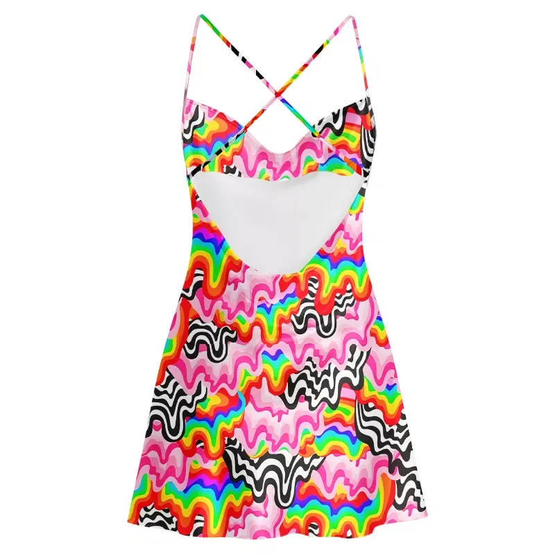 Soulisfree Psychedelic Wave Cowl Neck Satin Mini Dress