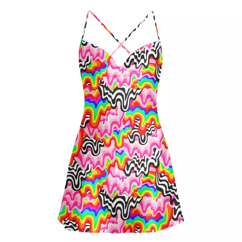 Soulisfree Psychedelic Wave Cowl Neck Satin Mini Dress
