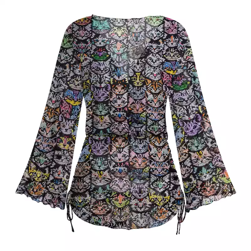 Soulisfree  Rainbow Cat Crowd Sheer Mesh Cover Up