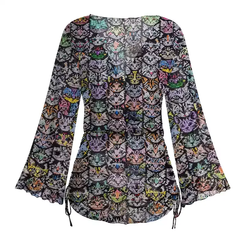 Soulisfree  Rainbow Cat Crowd Sheer Mesh Cover Up