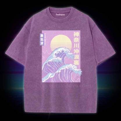 Soulisfree Retro Vaporwave Great Wave Washed Tee