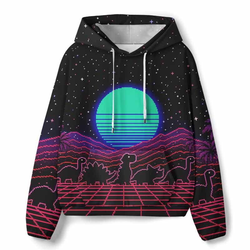 Soulisfree Retrowave Pixel Dinosaur Neon Sunset All-Over Print Hoodie