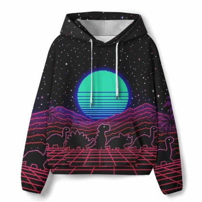 Soulisfree Retrowave Pixel Dinosaur Neon Sunset All-Over Print Hoodie