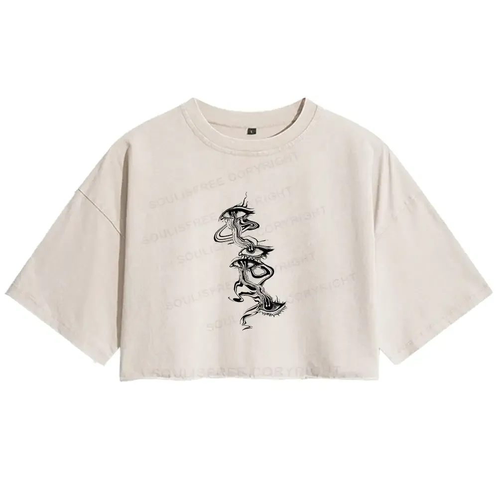 Designed Psychedelic Eyes Washed Crop T-shirt