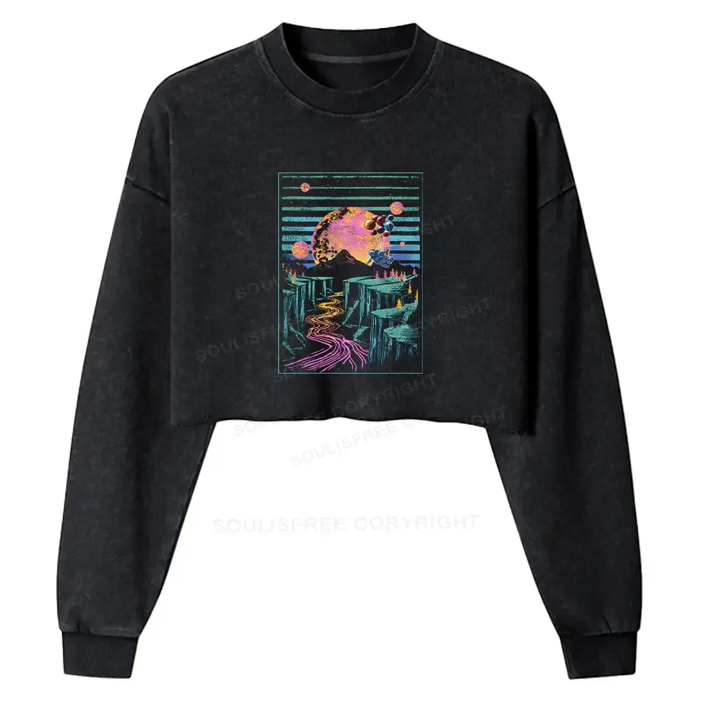 Designed Moon And Balloon Washed Cropped Sweatshirt