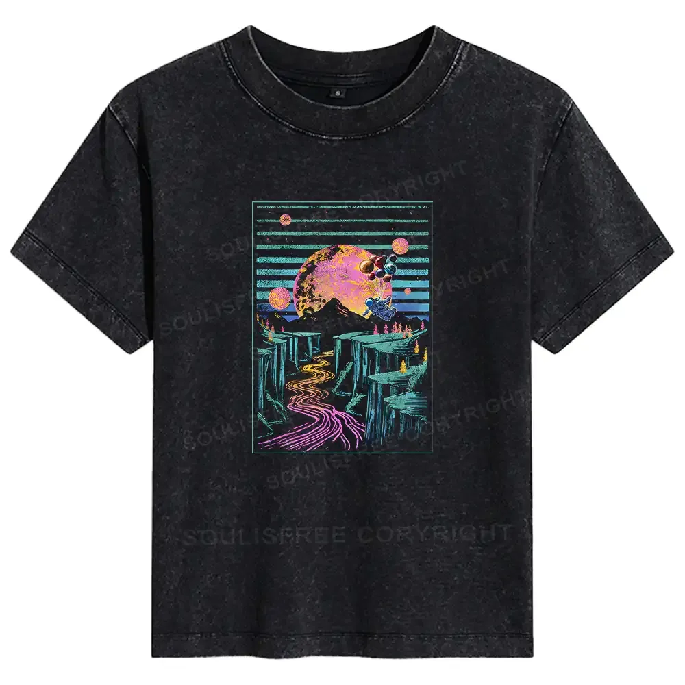 Designed Moon And Balloon Basic Washed T-shirt