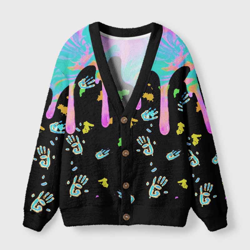 Soulisfree Neon Drip Galaxy with Floating Handprints Fuzzy Cardigan Sweater 