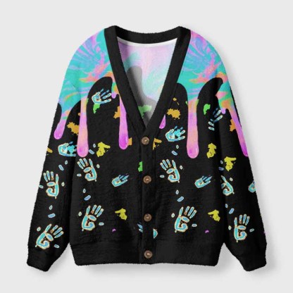 Soulisfree Neon Drip Galaxy with Floating Handprints Fuzzy Cardigan Sweater 
