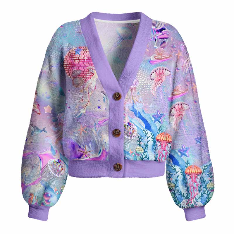 Soulisfree Pastel Underwater Fantasy Jellyfish Women's Fuzzy Cardigan Sweater