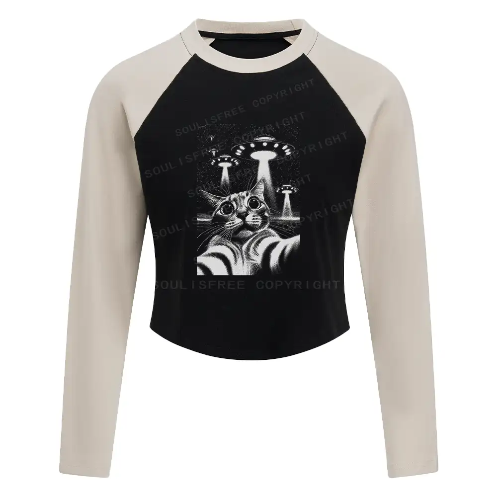 They Come For Cat Block Raglan Long Sleeve Crop Top