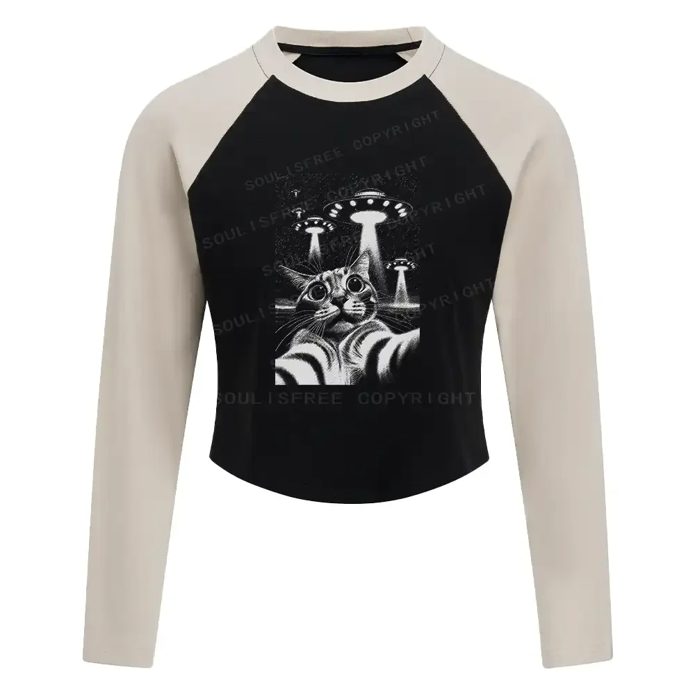 Designed They Come For Cat Block Raglan Long Sleeve Crop Top