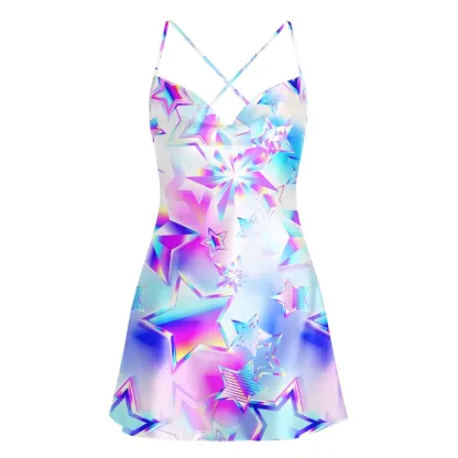 Soulisfree Iridescent Starfield Cowl Neck Satin Mini Dress