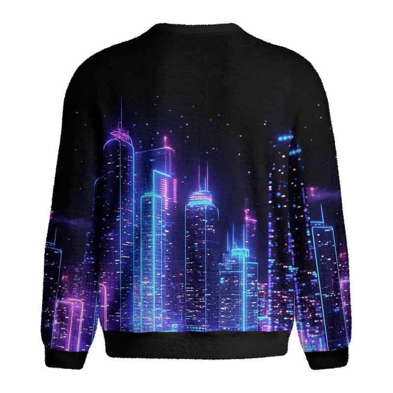 Soulisfree Neon Cyberpunk City Skyline Fuzzy Crewneck Sweater
