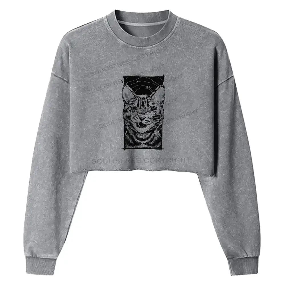 Designed Hypnotic Cat Washed Cropped Sweatshirt