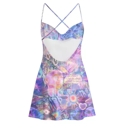 Soulisfree Pastel Cyber Dreamscape Cowl Neck Satin Mini Dress