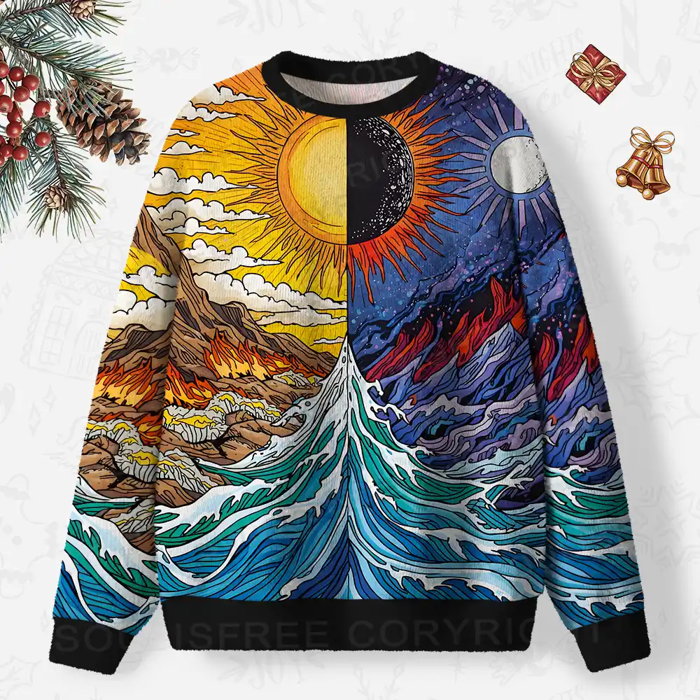 Sun & Moon Duality Waves Ugly Christmas Knit Sweatshirt