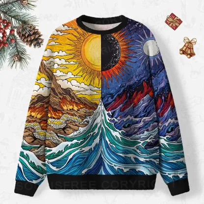 Sun & Moon Duality Waves Ugly Christmas Knit Sweatshirt