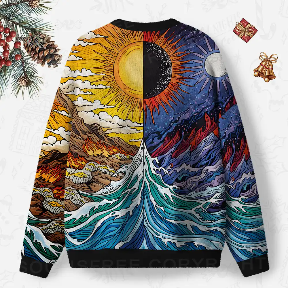Sun & Moon Duality Waves Ugly Christmas Knit Sweatshirt