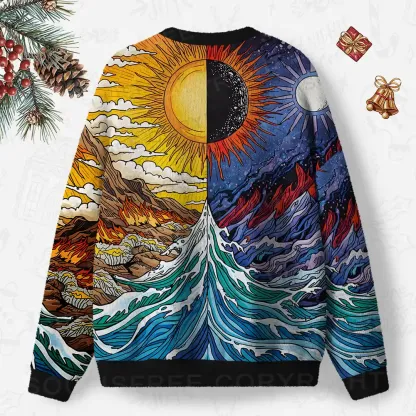 Sun & Moon Duality Waves Ugly Christmas Knit Sweatshirt
