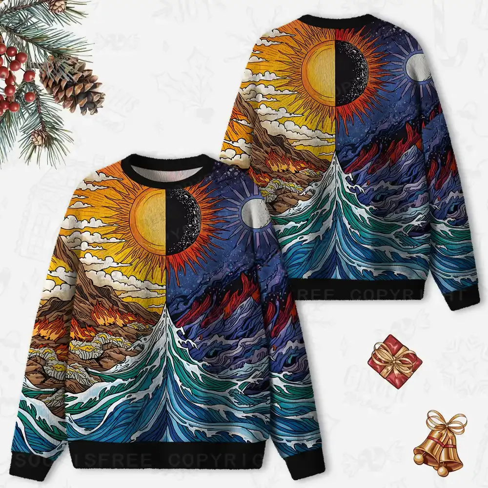 Sun & Moon Duality Waves Ugly Christmas Knit Sweatshirt