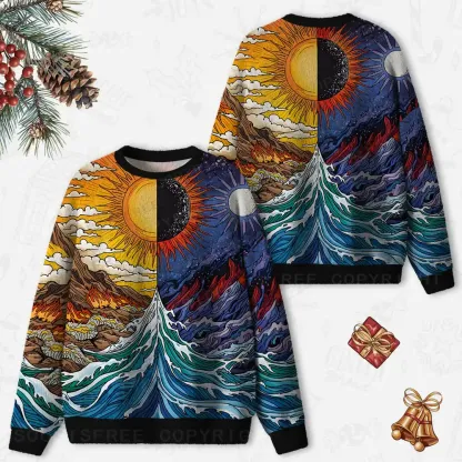 Sun & Moon Duality Waves Ugly Christmas Knit Sweatshirt