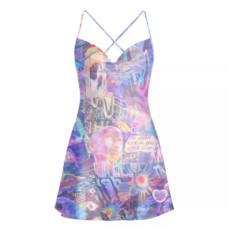 Soulisfree Pastel Cyber Dreamscape Cowl Neck Satin Mini Dress