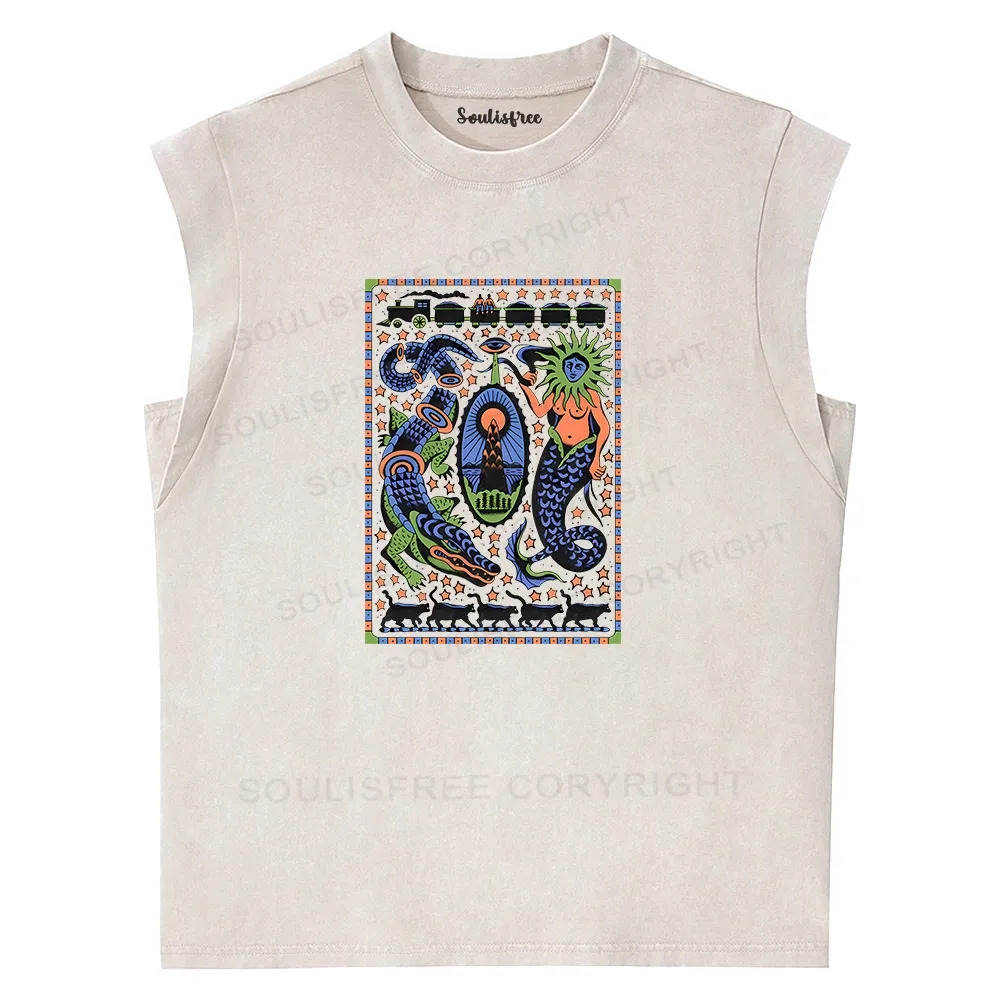 Designed Mysterious Place Washed Tank Tops