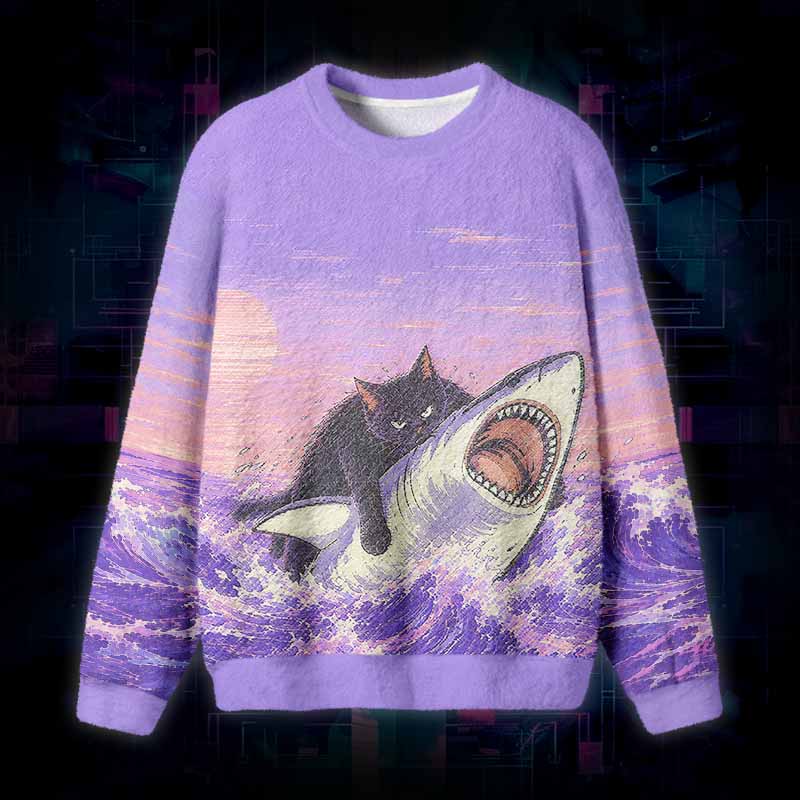 Soulisfree Fat Cat Vs Shark Fuzzy Crewneck Sweater